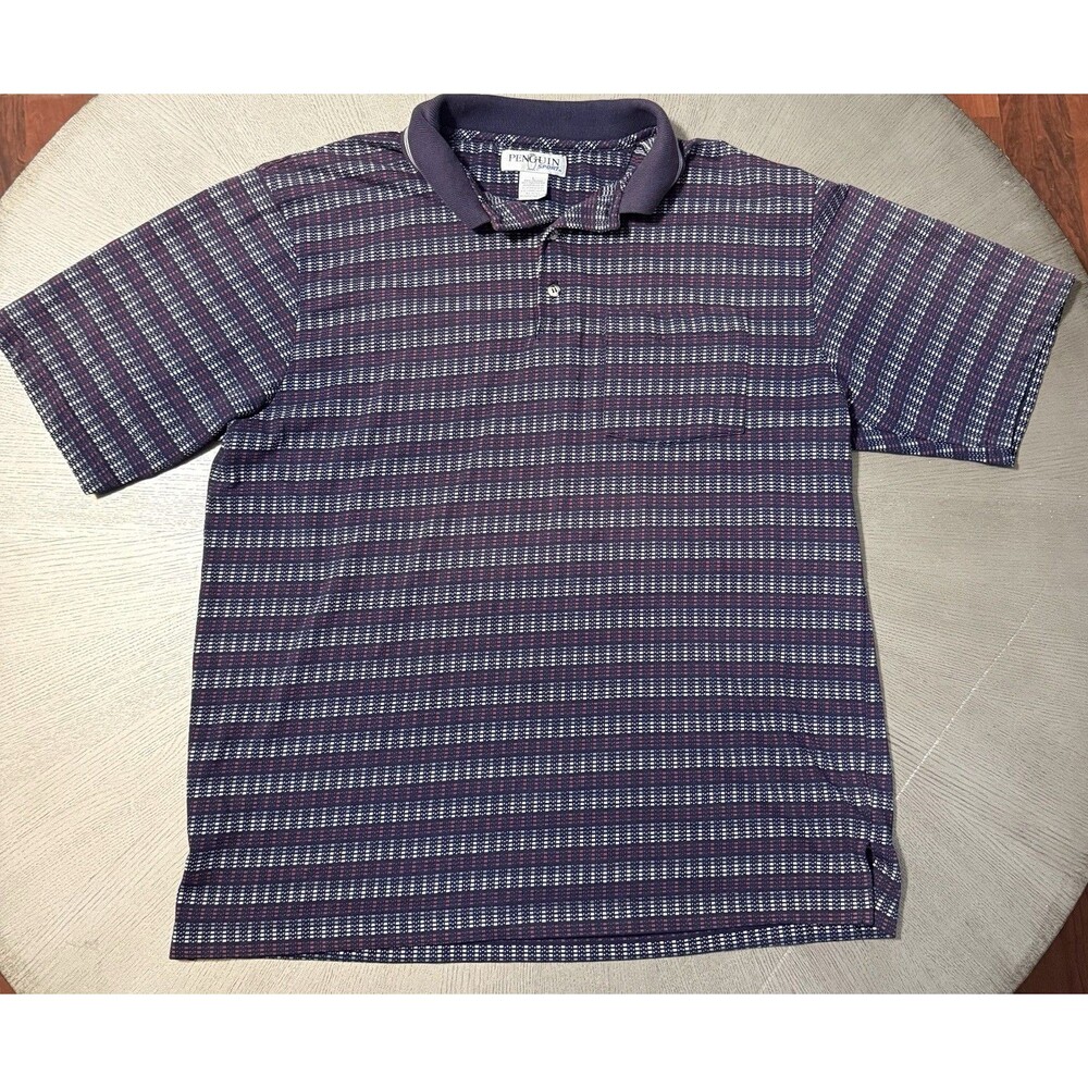 Vintage 90s Penguin Sport Mens Large Striped Polo Shirt Knit Pocket Golf Retro